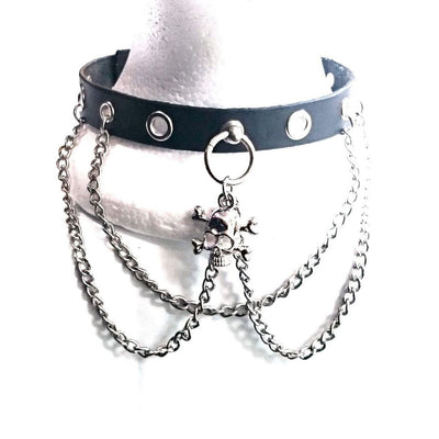 Leather Studded Skull And Chains Choker