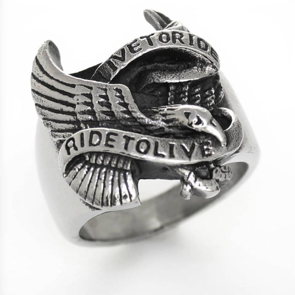 "Live To Ride Ride To Live" Eagle Biker Ring - Stainless Steel R11894