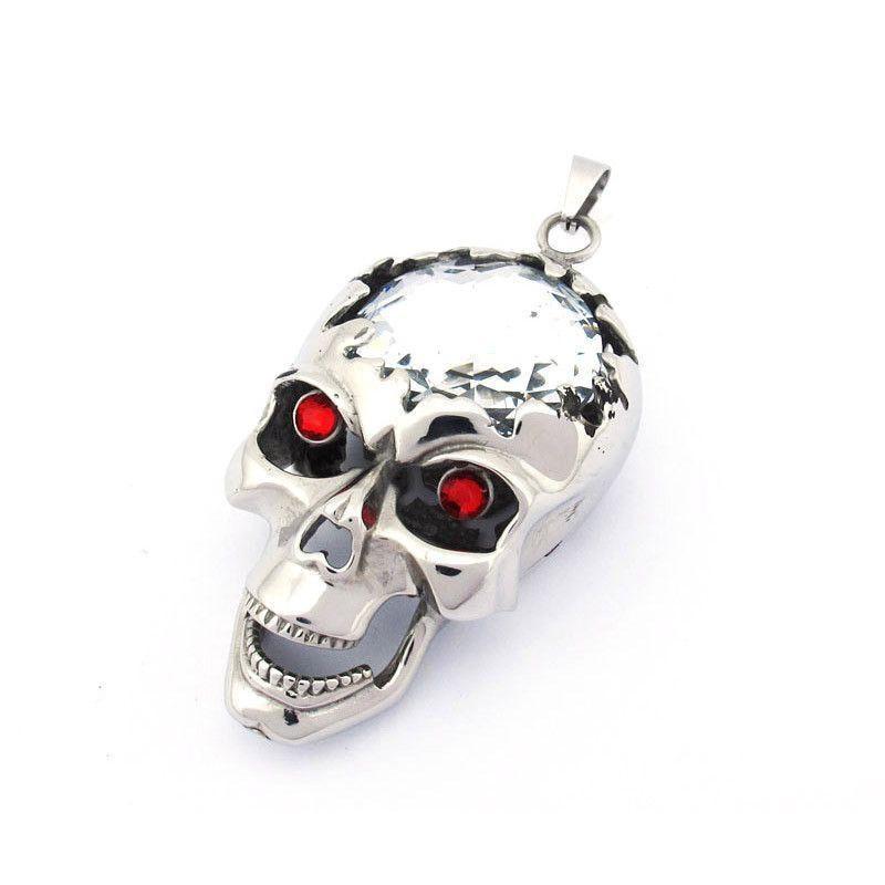 Massive Steel Skull Pendant with Red and White Stones - 010117