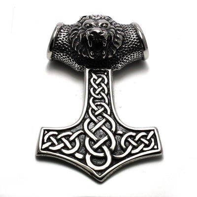 Massive Thor's Hammer Pendant With Lion Design - Stainless Steel 350117