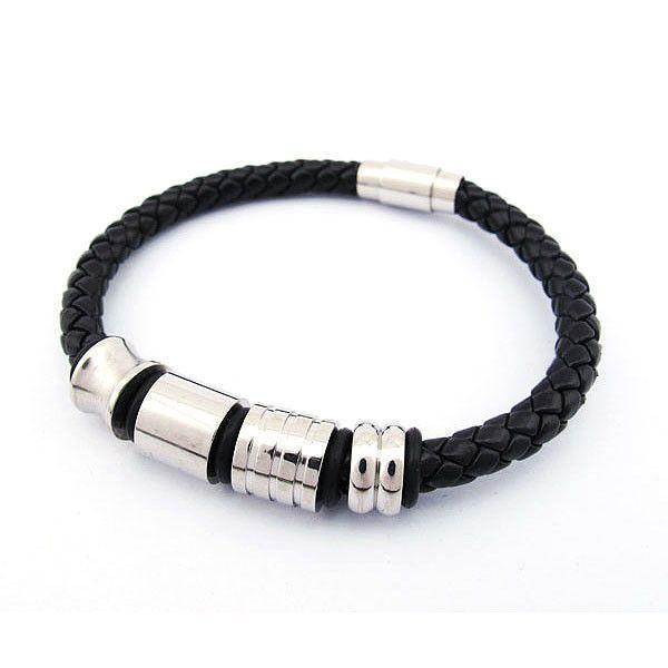 Mens Bracelet - Black Leather and Stainless Steel - 510011