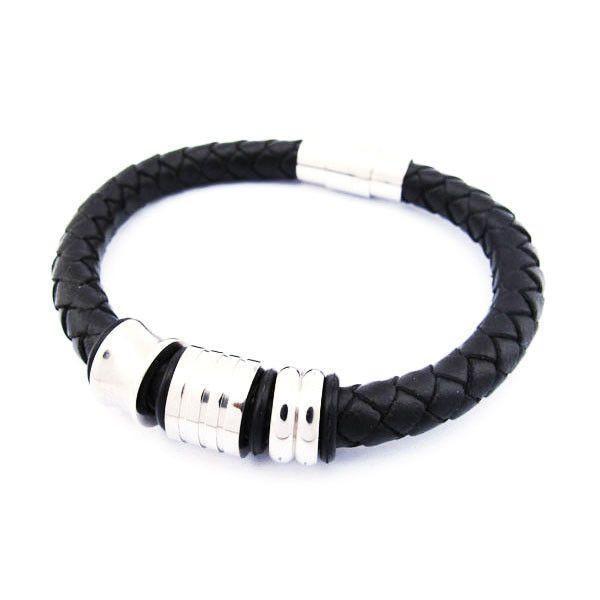 Mens Bracelet - Black Leather and Stainless Steel - 510014