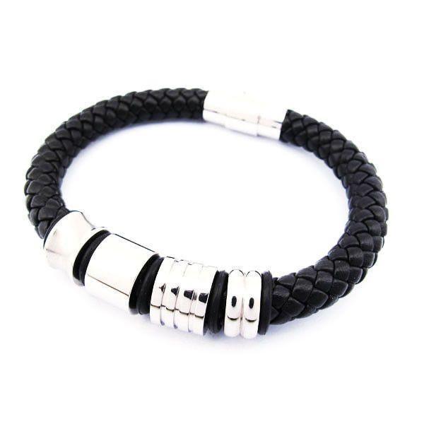 Mens Bracelet - Black Leather & Steel Beads - 510004