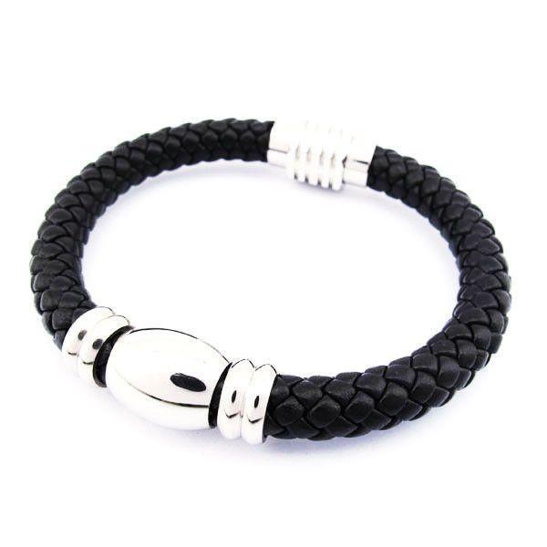 Mens Bracelet - Black Leather With Steel Beads - 510003