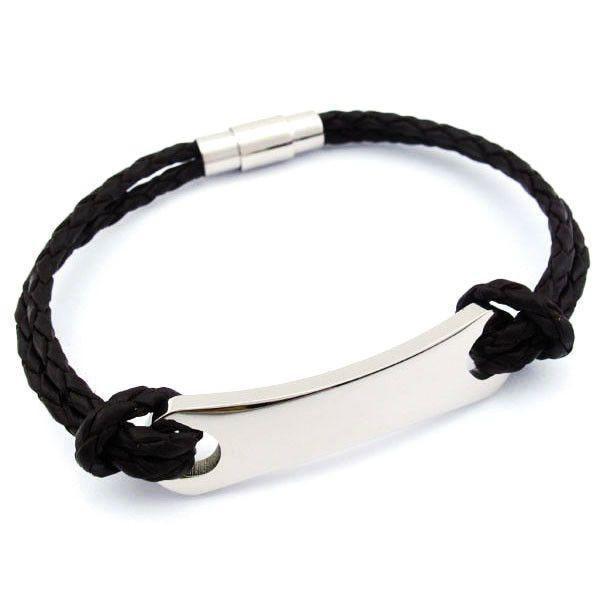 Mens Bracelet - Double Row Leather With Steel ID Plate - 050244