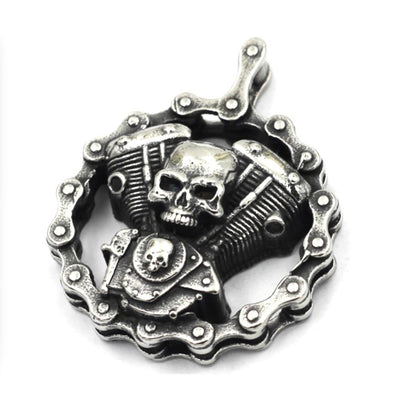 Motorcycle Engine with Skulls Pendant - Stainless Steel
