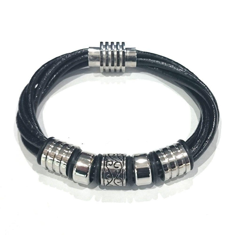 Multi Strand Leather With Steel Beads Bracelet - 90039