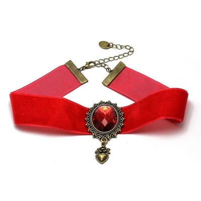 Red Gothic Choker Necklace With Central Gemstone and Heart Charm