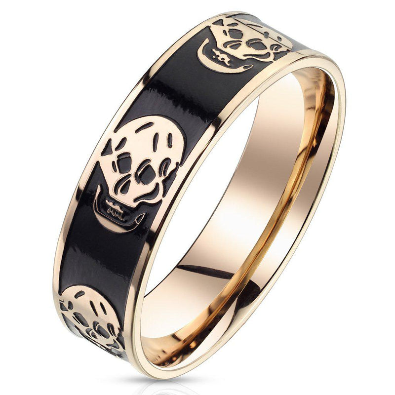 Rose Gold IP Stainless Steel Ring With Black IP Centre and Skulls