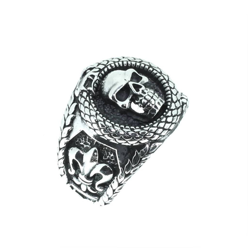 Silver Skull Snake and Fleur De Lis Ring