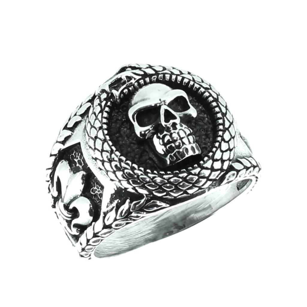 Silver Skull Snake and Fleur De Lis Ring