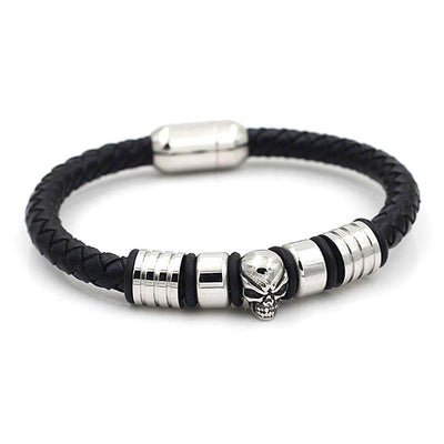 Skull & Beads Bracelet - Leather & Steel - 790127