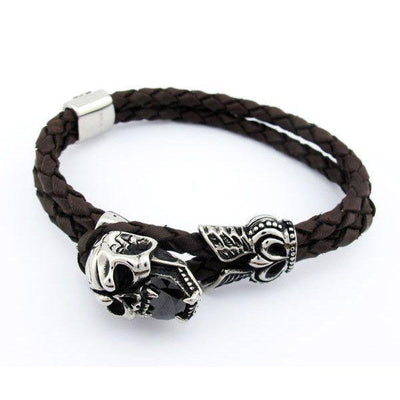 Skull Bracelet - Brown Leather & Steel with Crystal - 170087