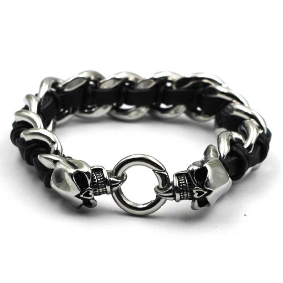 Skull bracelet - Stainless Steel and Leather - 0338
