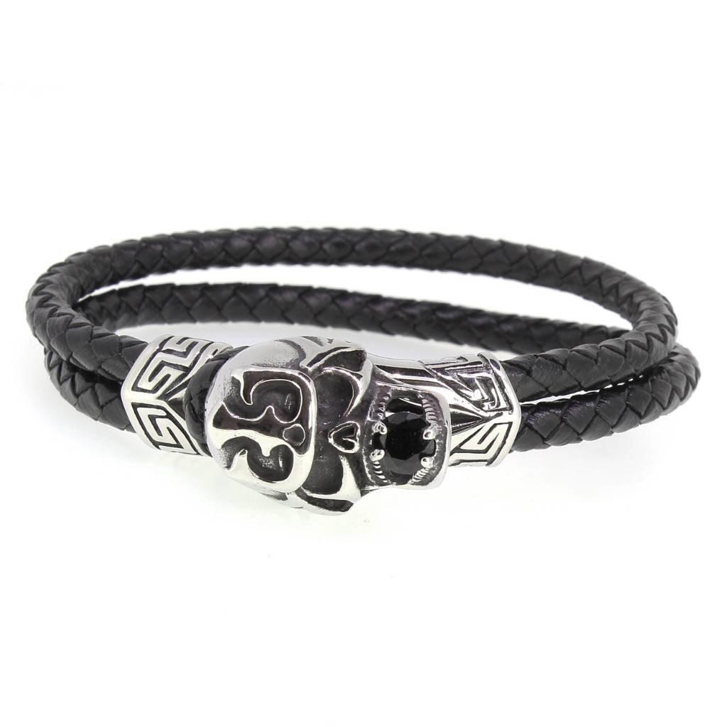 Skull Bracelet with Black Stone - Black Leather & Steel