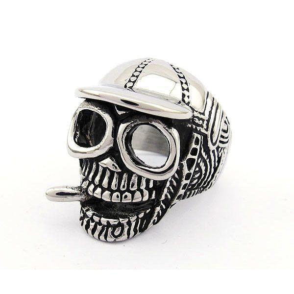 Skull Ring With Baseball Cap and Cigarette - 560001