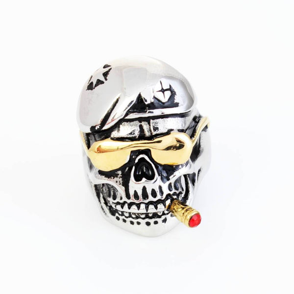 Skull Ring With Gold IP Sunglasses & Cigar - 090410