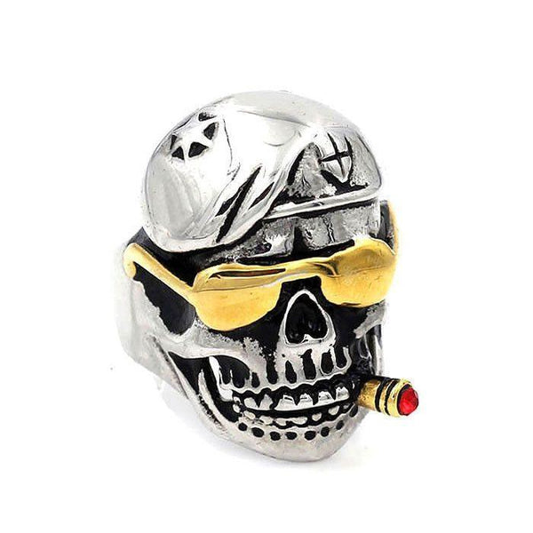 Skull Ring With Gold IP Sunglasses & Cigar - 090410