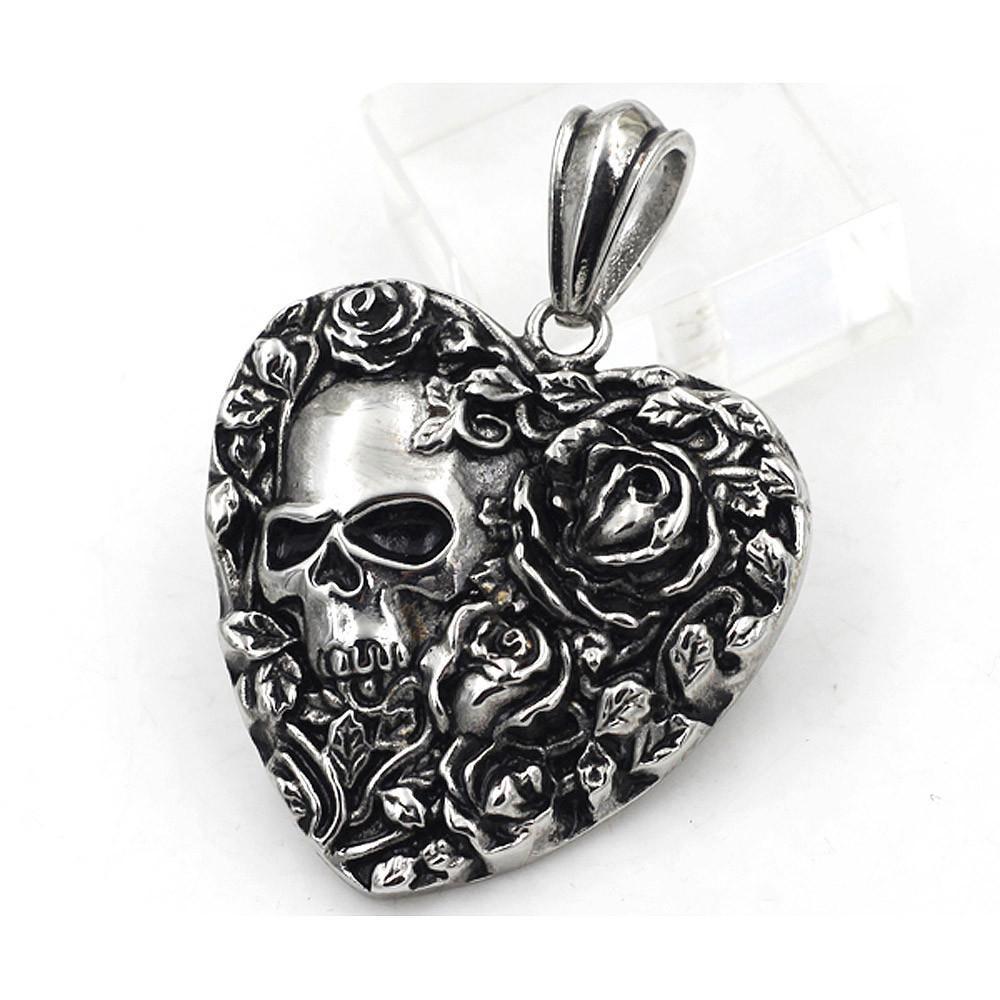 Skull & Roses Heart Pendant - Stainless Steel