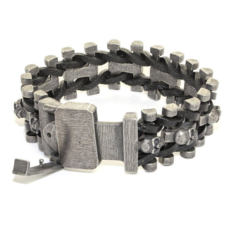 Skulls Bracelet - Leather & Stainless Steel - 0337