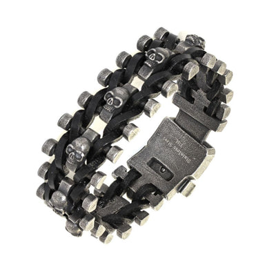 Skulls Bracelet - Leather & Stainless Steel - 0337