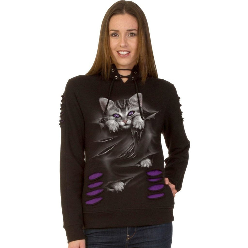 Spiral Bright Eyes - Large Hood Ripped Hoody Purple-Black