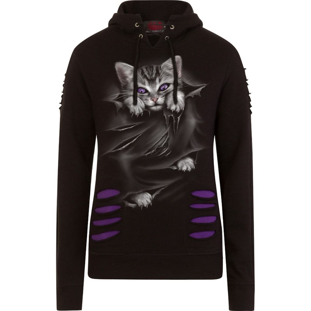 Spiral Bright Eyes - Large Hood Ripped Hoody Purple-Black