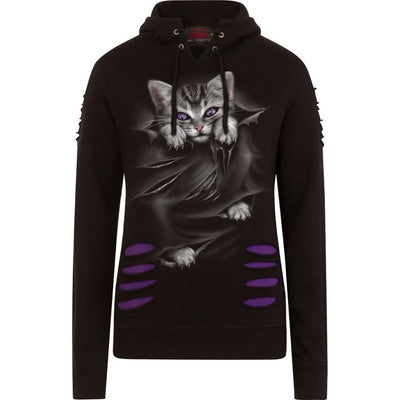 Spiral Bright Eyes - Large Hood Ripped Hoody Purple-Black