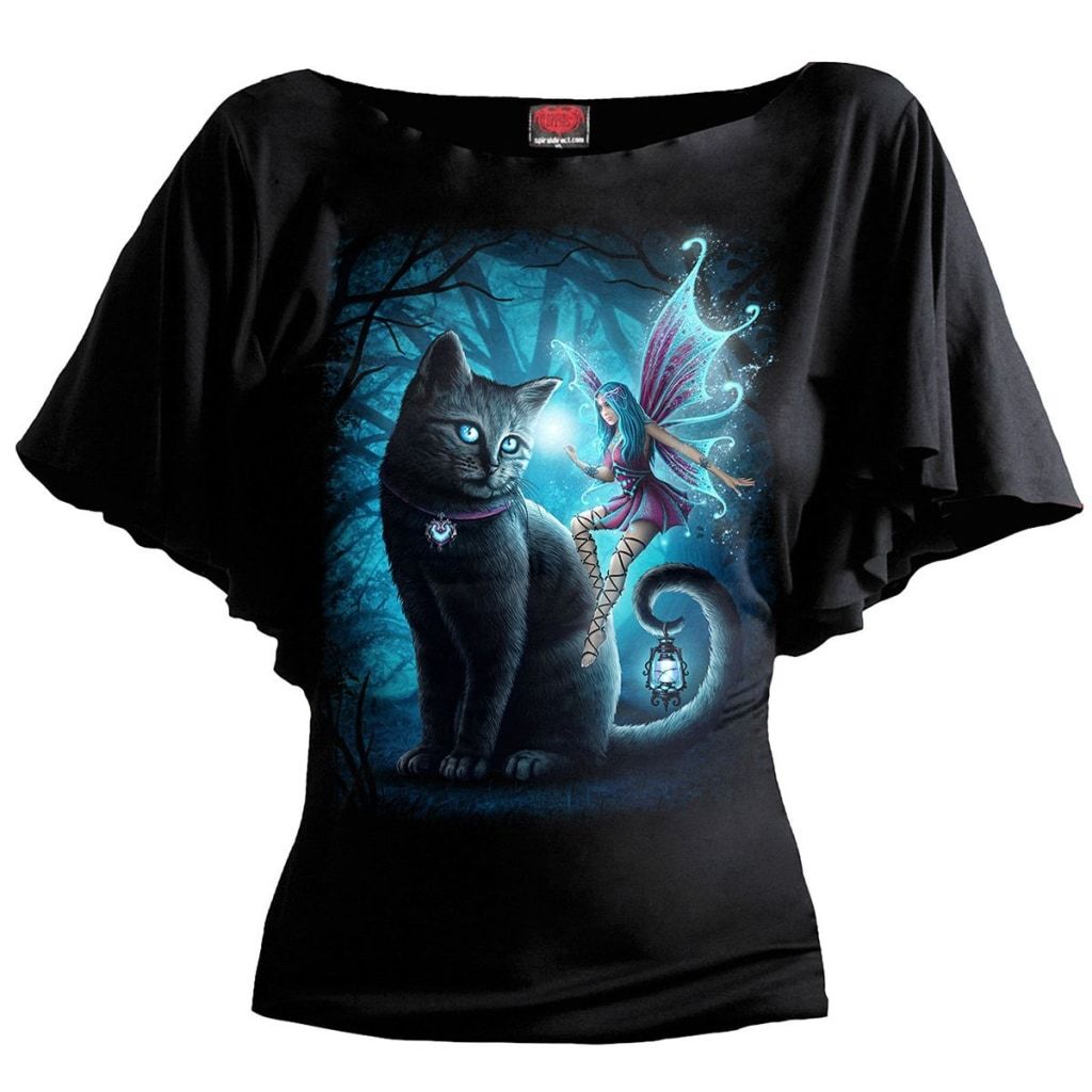 Spiral Cat And Fairy - Boat Neck Bat Sleeve Top Black