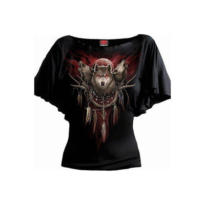 Spiral Cry of The Wolf - Boat Neck Bat Sleeve Top Black