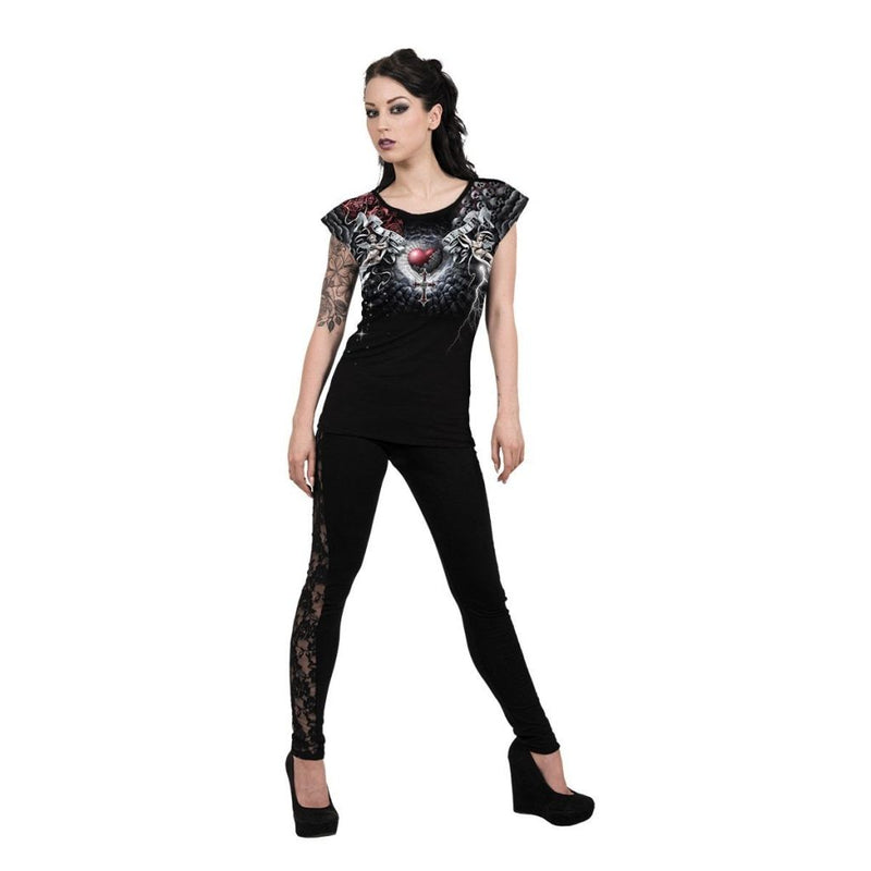 Spiral Life And Death Cross - Allover Cap Sleeve Top Black