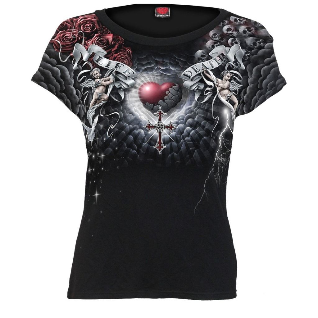 Spiral Life And Death Cross - Allover Cap Sleeve Top Black