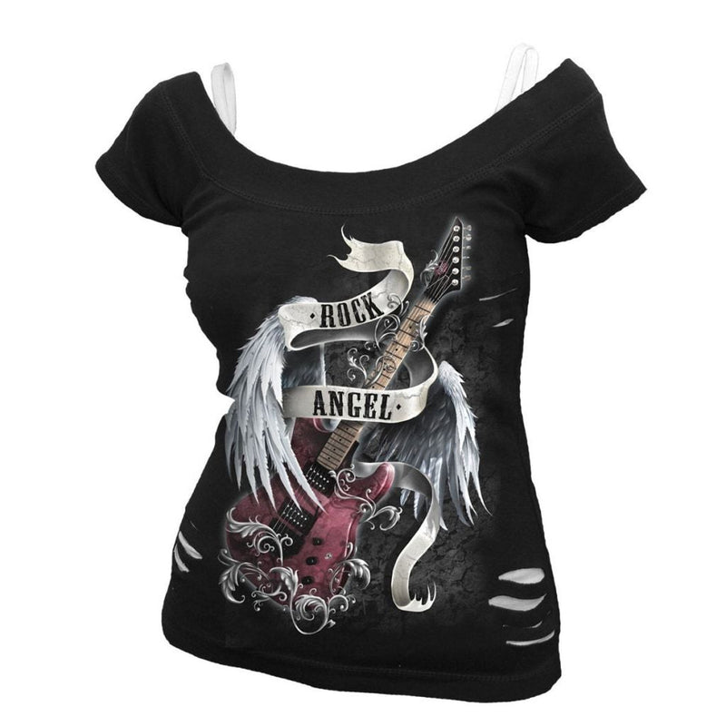 Spiral Rock Angel - 2In1 White Ripped Top Black