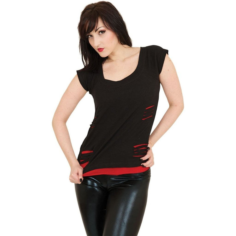 Spiral Urban Fashion - 2In1 Red Ripped Top Black