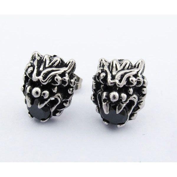 Stainless Steel Dragon Head Earrings - Black Or White Stones - 500007