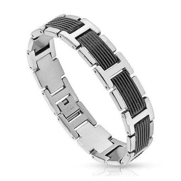 Stainless Steel Gents Bracelet With Grooved Black Ion Plated Links