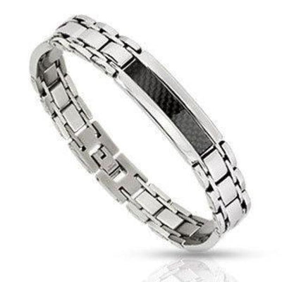 Stainless Steel Mens Bracelet With Black and Silver Carbon Fiber