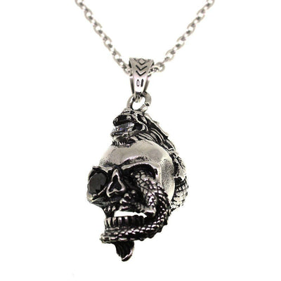 Stainless Steel Skull with Lucky Dragon Pendant