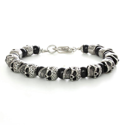 Stainless Steel Skulls And Beads Bracelet - Black And Silver