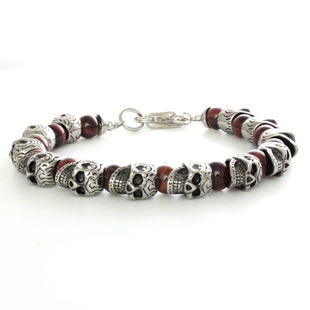 Stainless Steel Skulls And Beads Bracelet - Brown And Silver