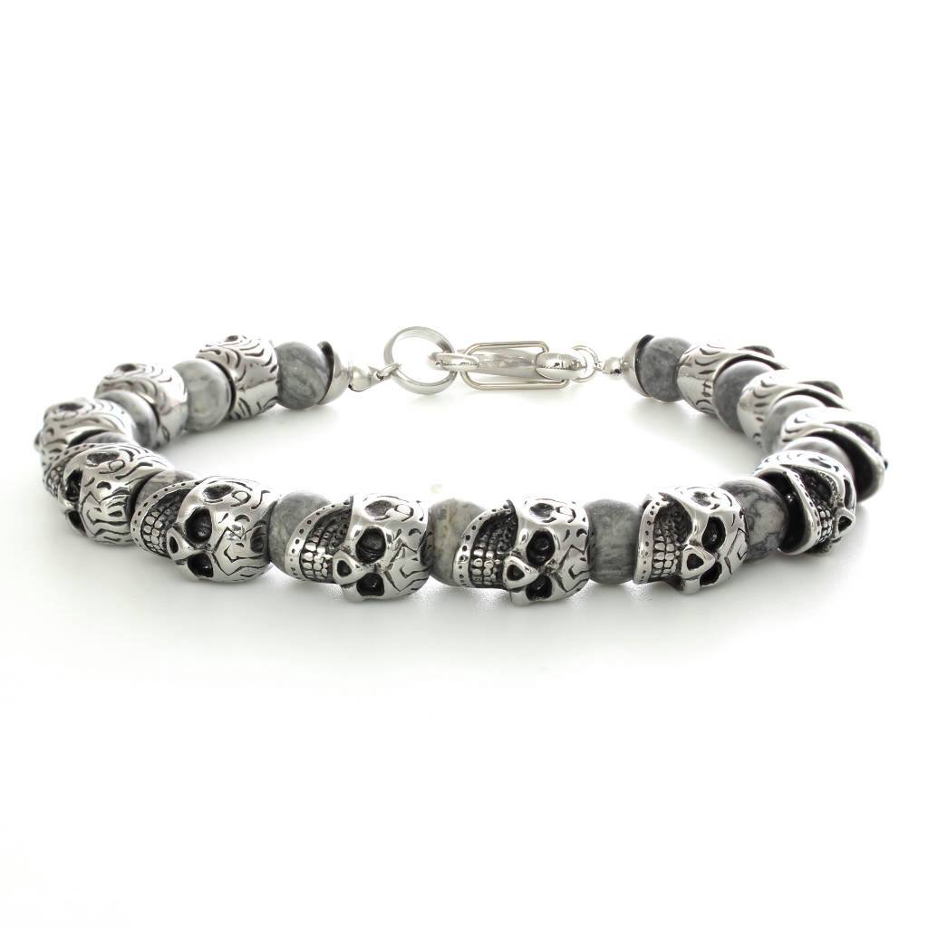 Stainless Steel Skulls And Beads Bracelet - Silver
