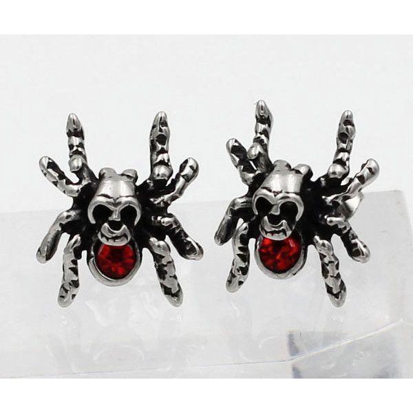 Stainless Steel Spider Skull Earrings with Red Stone - 690013