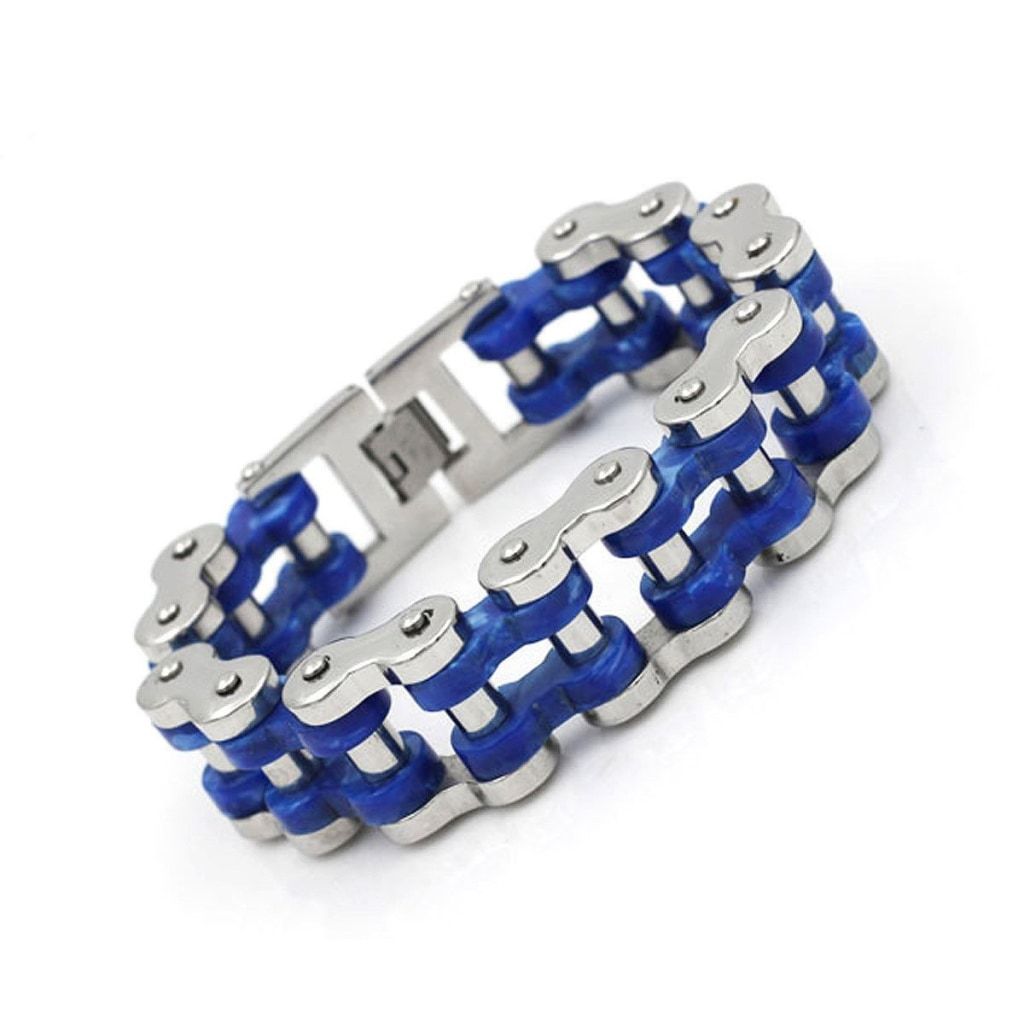 Steel & Blue Acetate Motorcycle Chain Bracelet - 19.7mm Wide