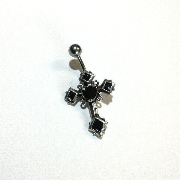 Steel Cross With Black Crystals Belly Navel Barbell