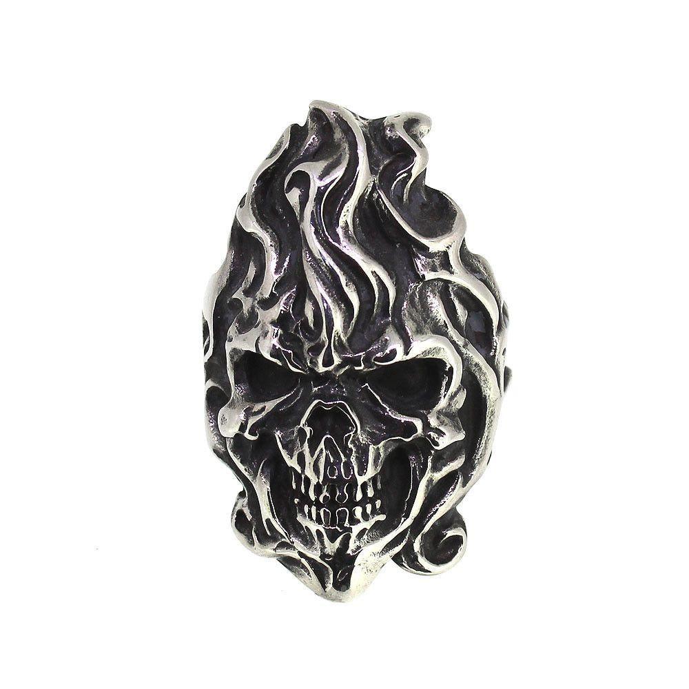 Steel Grinning Flaming Skull Ring - 350291