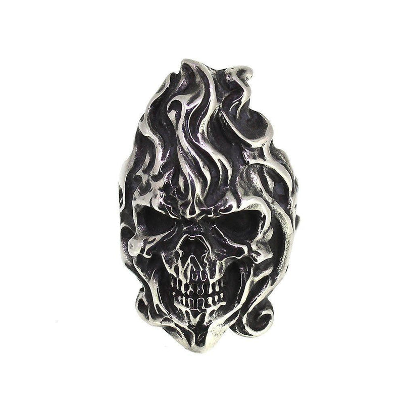 Steel Grinning Flaming Skull Ring - 350291