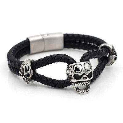 Steel & Leather Biker Skull Bracelet - 790131