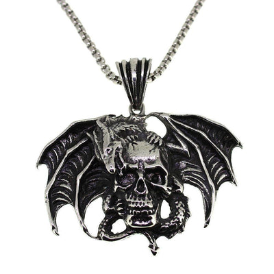 Steel Skull with Winged Dragon Pendant