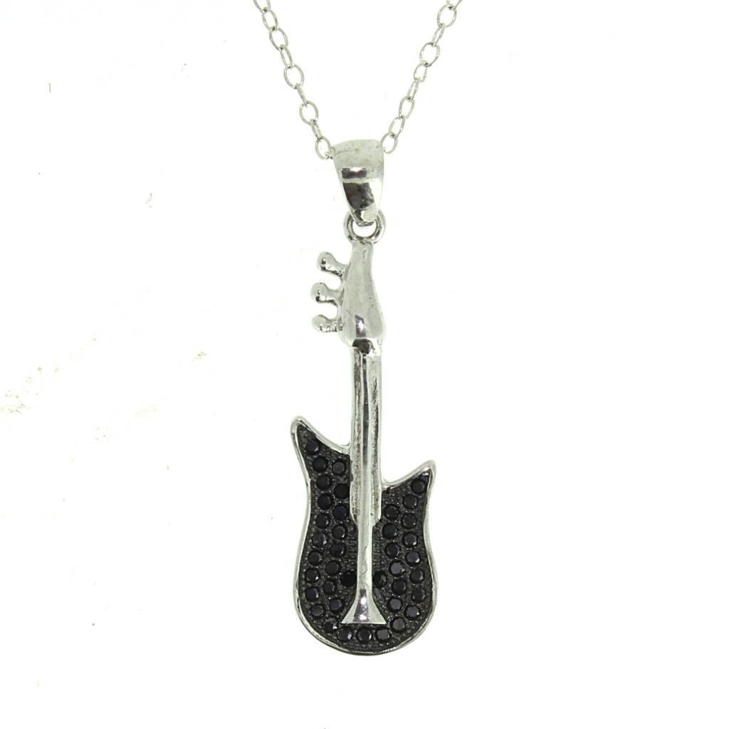 Sterling Silver & Black CZs Guitar Pendant