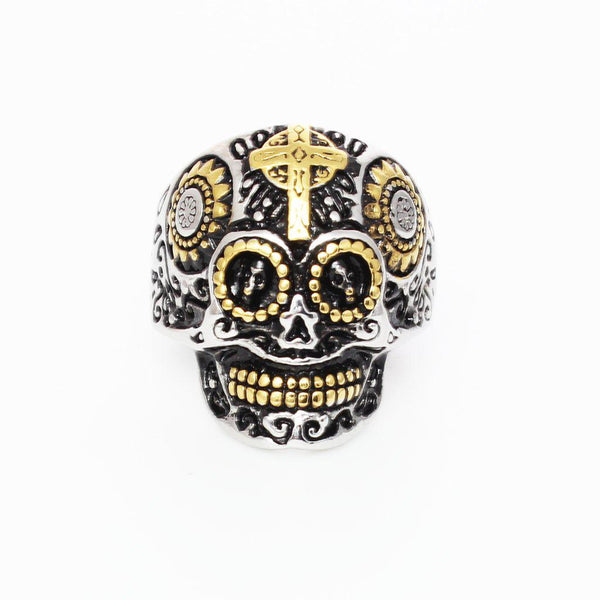 Sugar Skull Ring with Gold Ion Plated Details